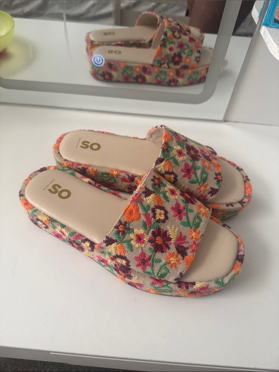 SO Shoes - SO Floral Embroidered Slide Sandals - Beige with Orange, Pink, Purple & Green